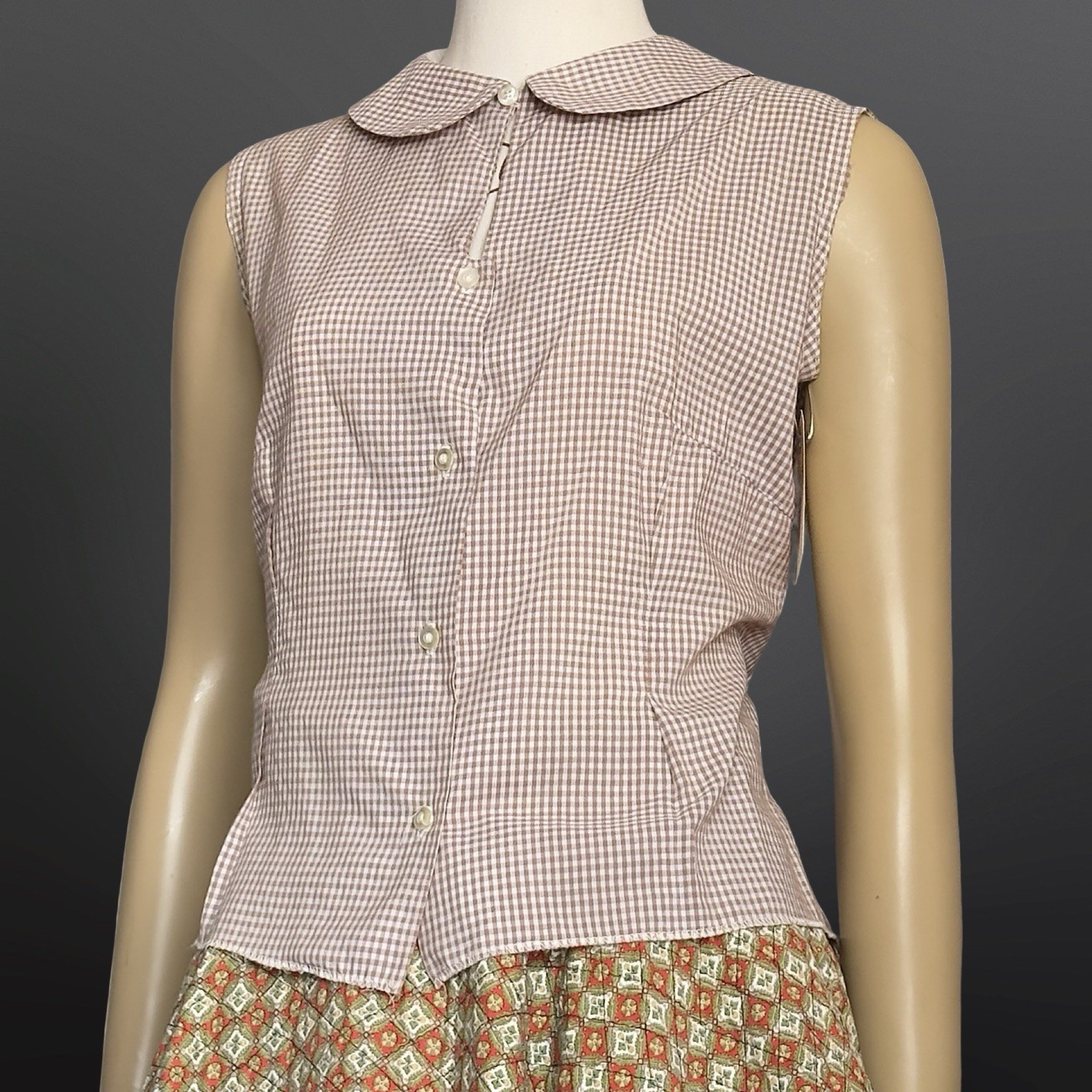 1950s Gingham Sleeveless Blouse Peter Pan Collar Vintage Movie Sony Studios