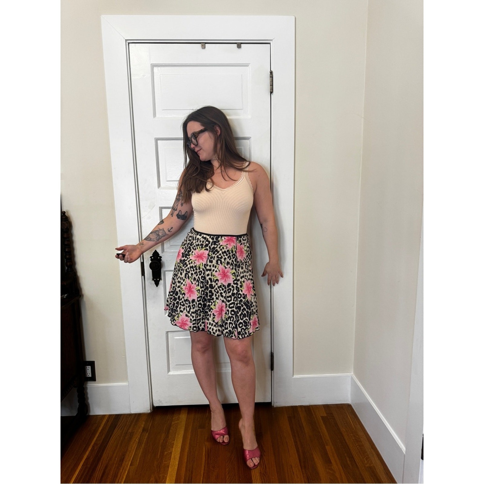 Y2K Vintage Leopard Floral Skater Skirt Sz SM