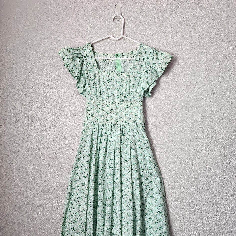 VINTAGE Handmade Ditsy Floral Dress Mint Green Romantic Prairie Maxi Dress