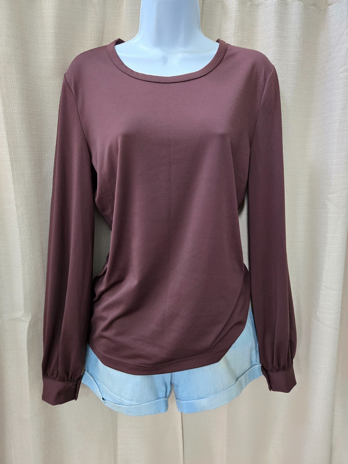 Vtg Newport News Retro Mod Style Casual Dressy Brown Stretch Bishop Sleeve Top M