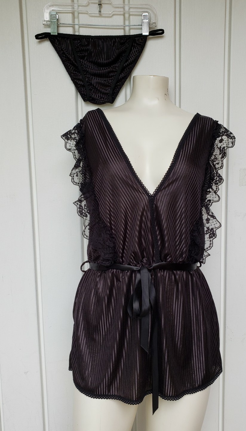 Vintage Stroke Of Midnight Satin Stripes Lingerie String Bikini Set Size Small