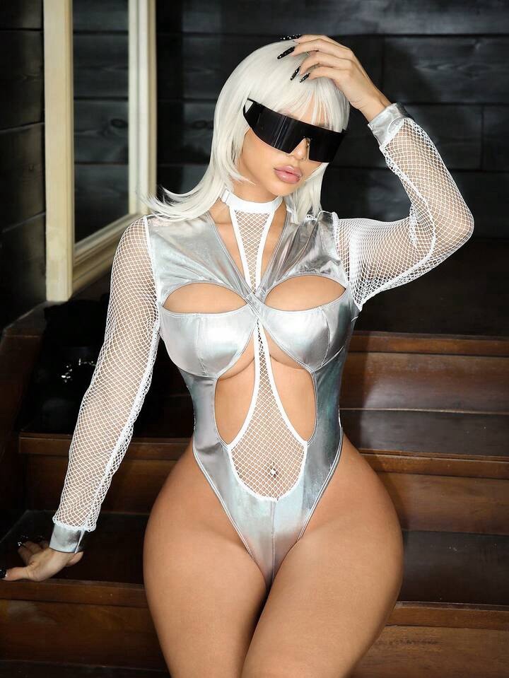 WET Look Silver Fishnet Sleeves Metallic Bodysuit Teddy Lingerie Y2K XL NEW