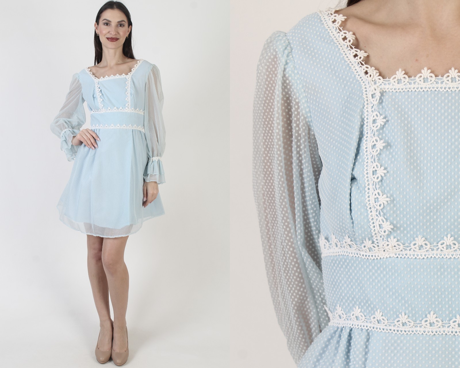 Vintage 70s Blue Swiss Dot Dress High Waist Bridal 60s Puff Slv Wedding Mini