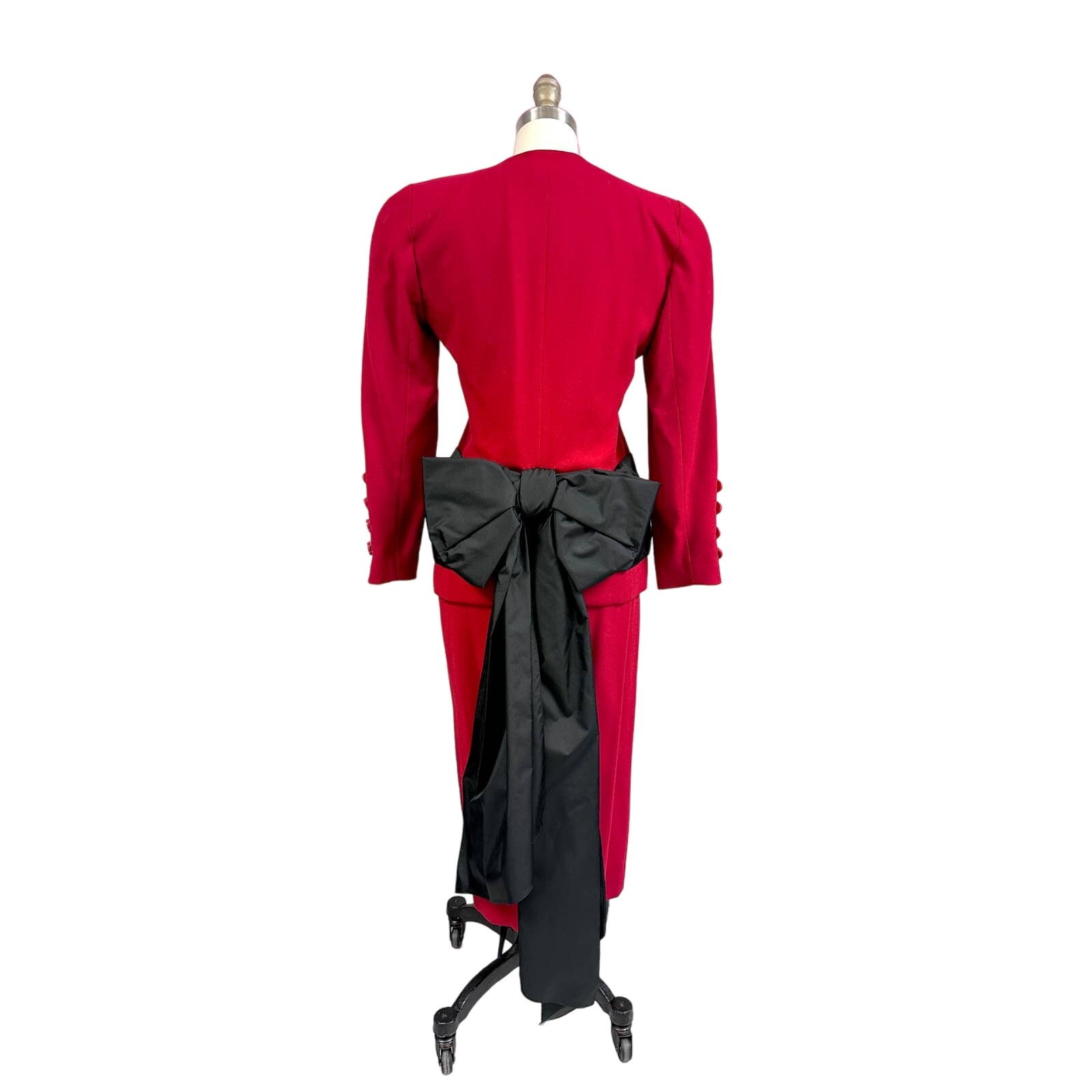 VTG 80s Red Wool Power Suit Black Bow Bustle Pencil Skirt Femme Fatale 4