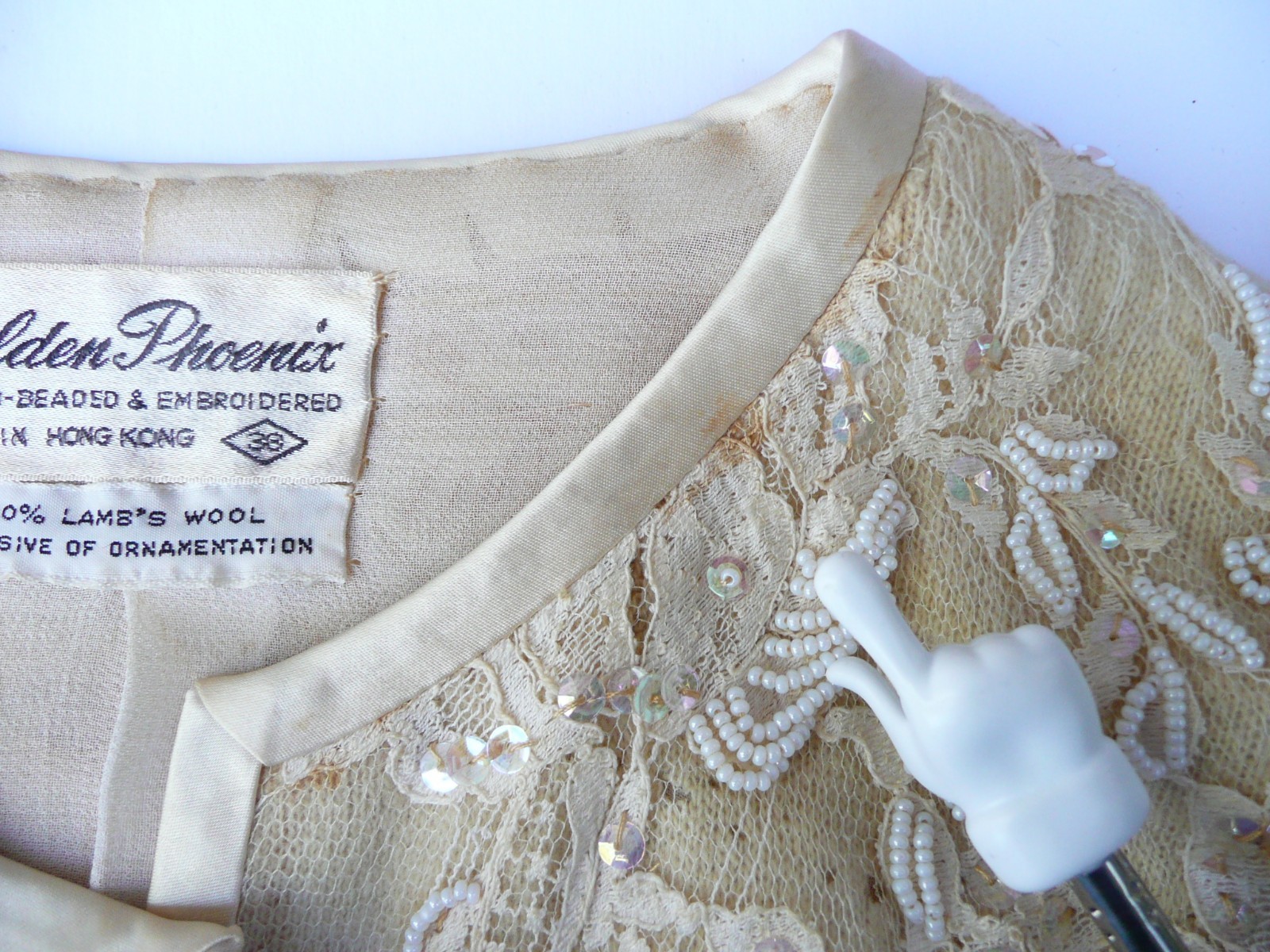Vintage Golden Phoenix Distressed Ivory Hand Beaded Sweater Size 10 Lamb’s Wool