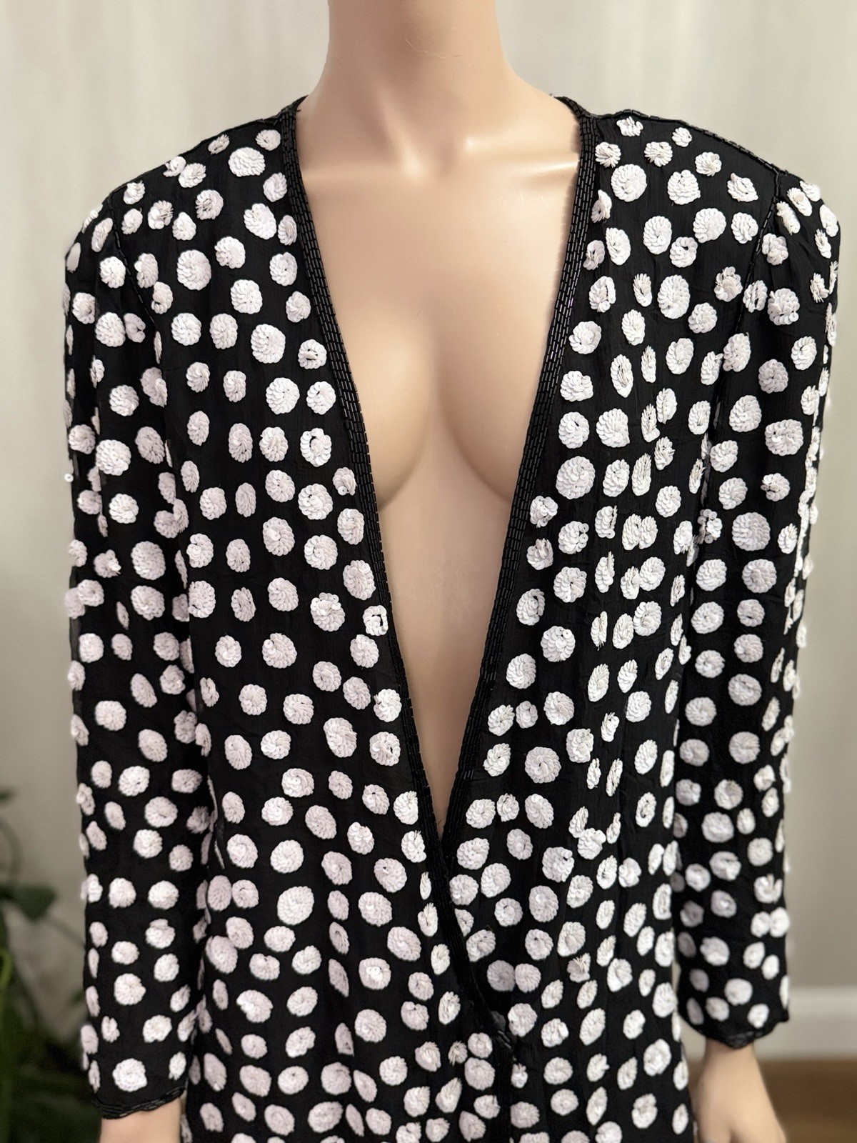 Vtg Judith Ann Creations 100% Silk Beaded Sequin Jacket Black White Polka Dot M