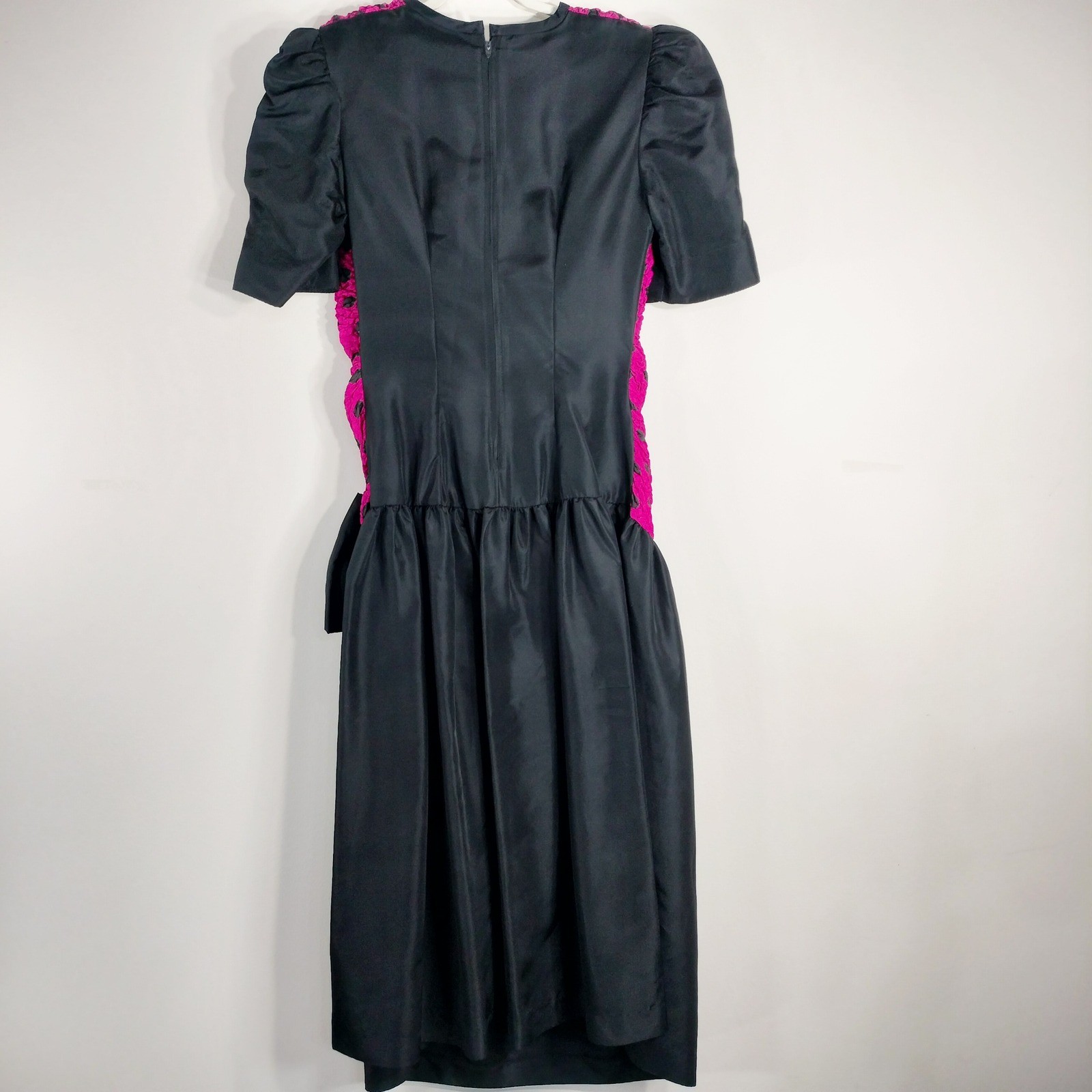 Plaza South Black Pink Dress; Vintage 80s Polka Dot Puff Sleeve Bow Accent