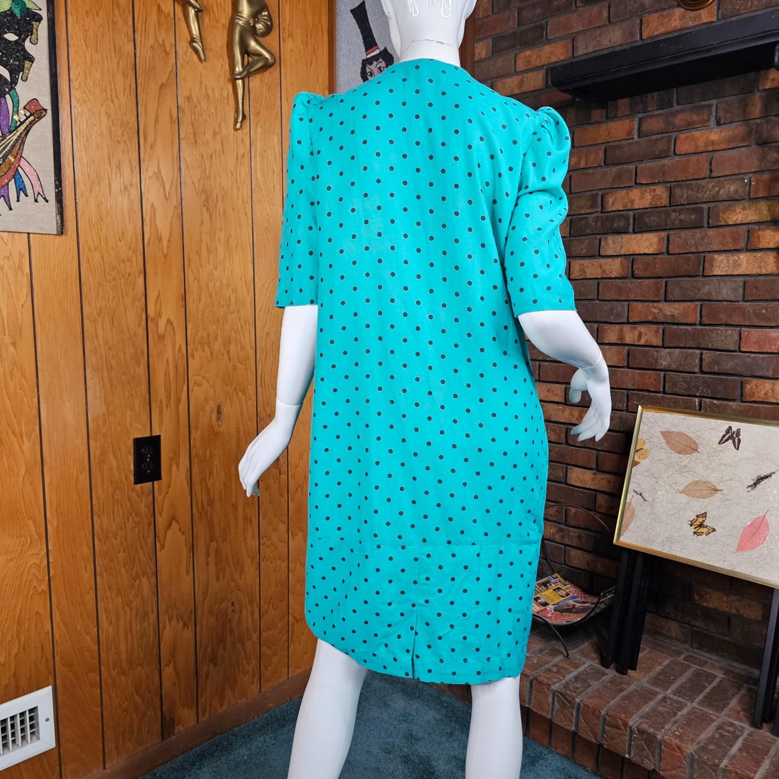 Vtg 80s New Wave Maternity Power Suit Teal Polka Dot Pencil Secretary Dress M/L