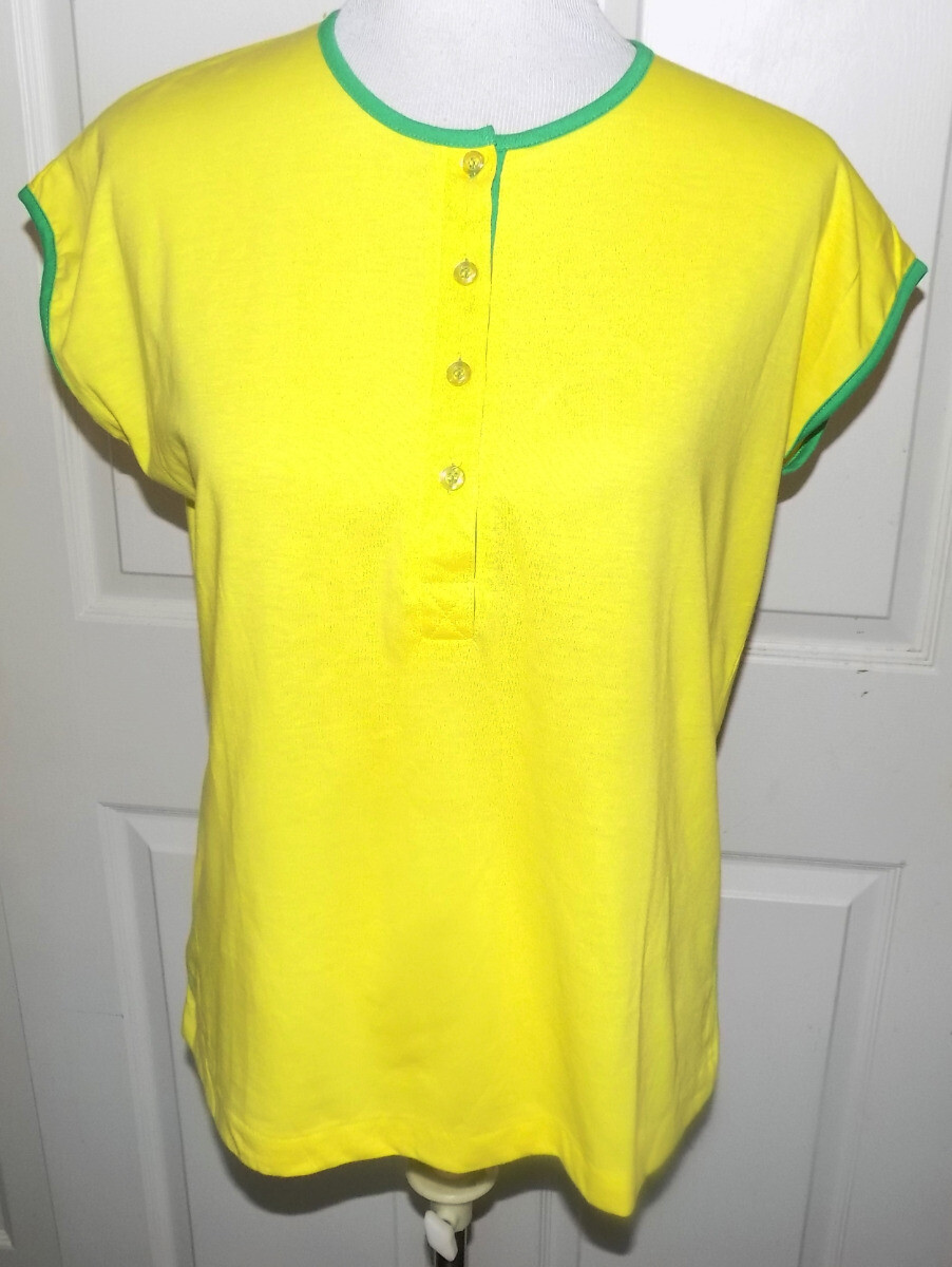 Vintage 70s 80s Bright Yellow Leon Levin Pullover Top Green Trim Large B40