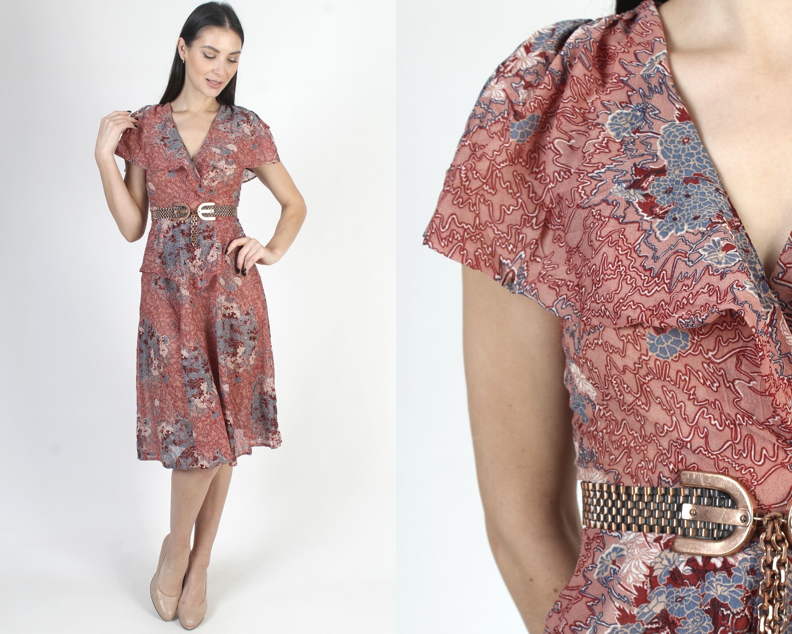 Vtg 70s Lightweight Cocktail Party Dress Floral Peplum Airy Ruffle Boho Sundress