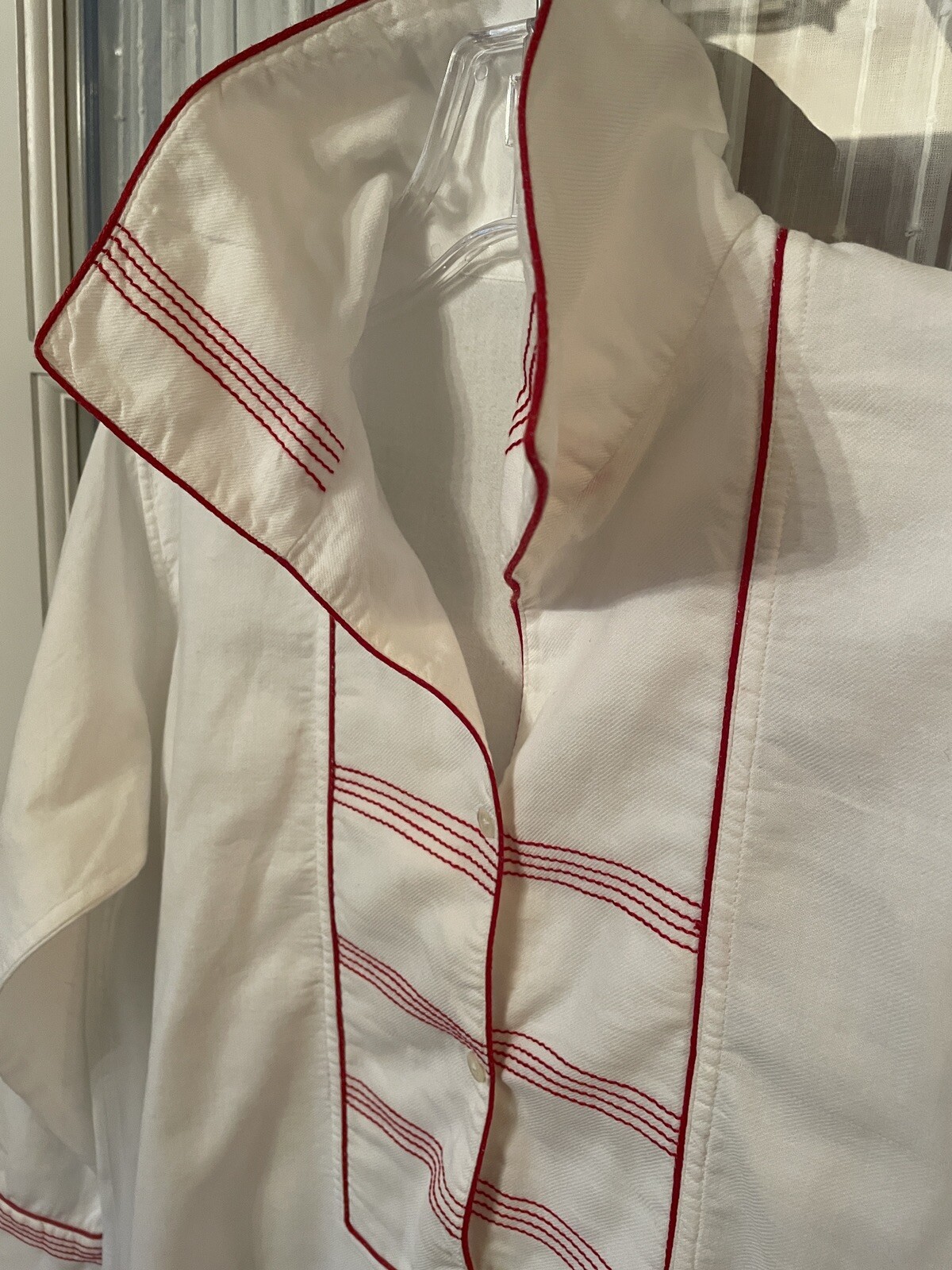 French antique cotton shirt dress, circa 1900-1910, red trim