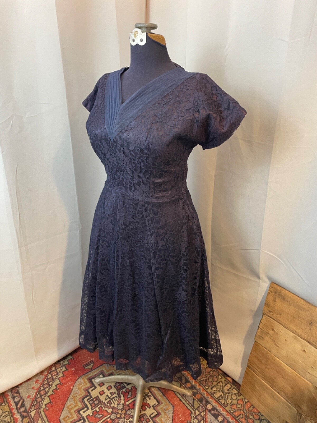 1950s Vintage Party Dress Navy Blue Lace Tulle Satin Rockabilly Pinup Girl M L