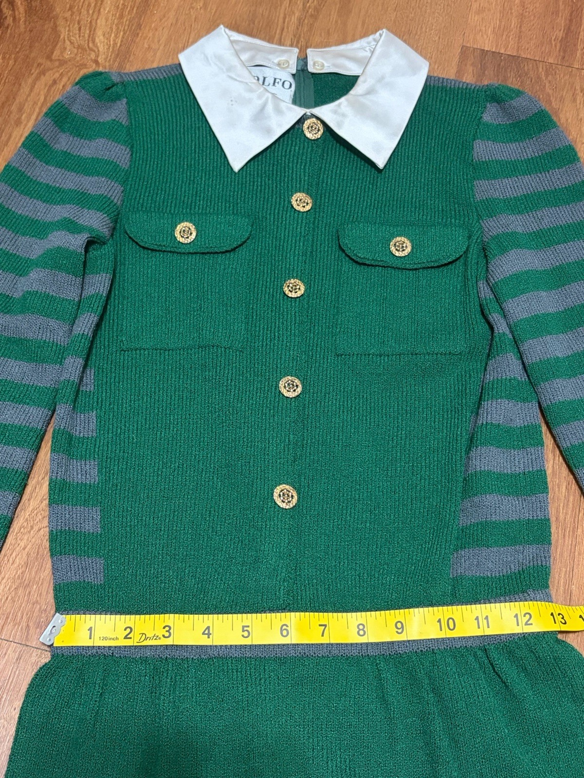 VTG Adolfo New York Green & Gray Wool Blend Knit Sweater Dress Sz XS GUC