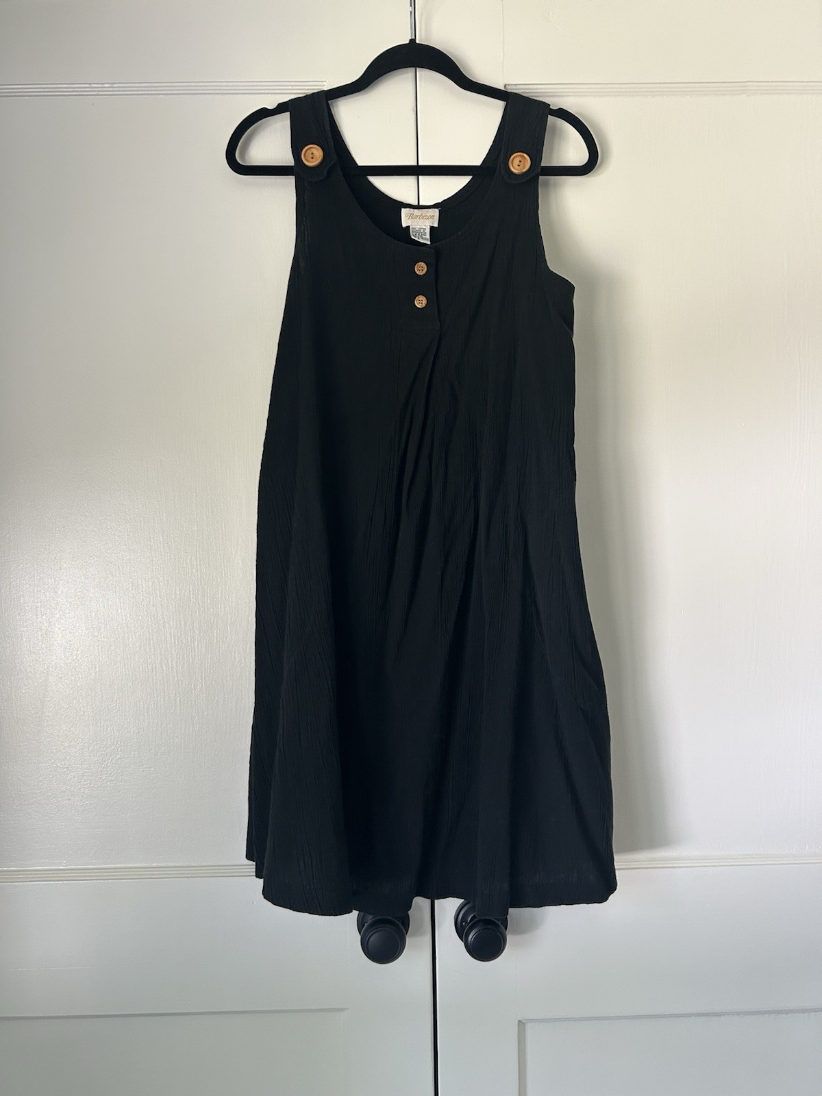 VTG Barbizon Black 100% Cotton Crinkle Gauze Dress Nightgown Shift Wooden Button