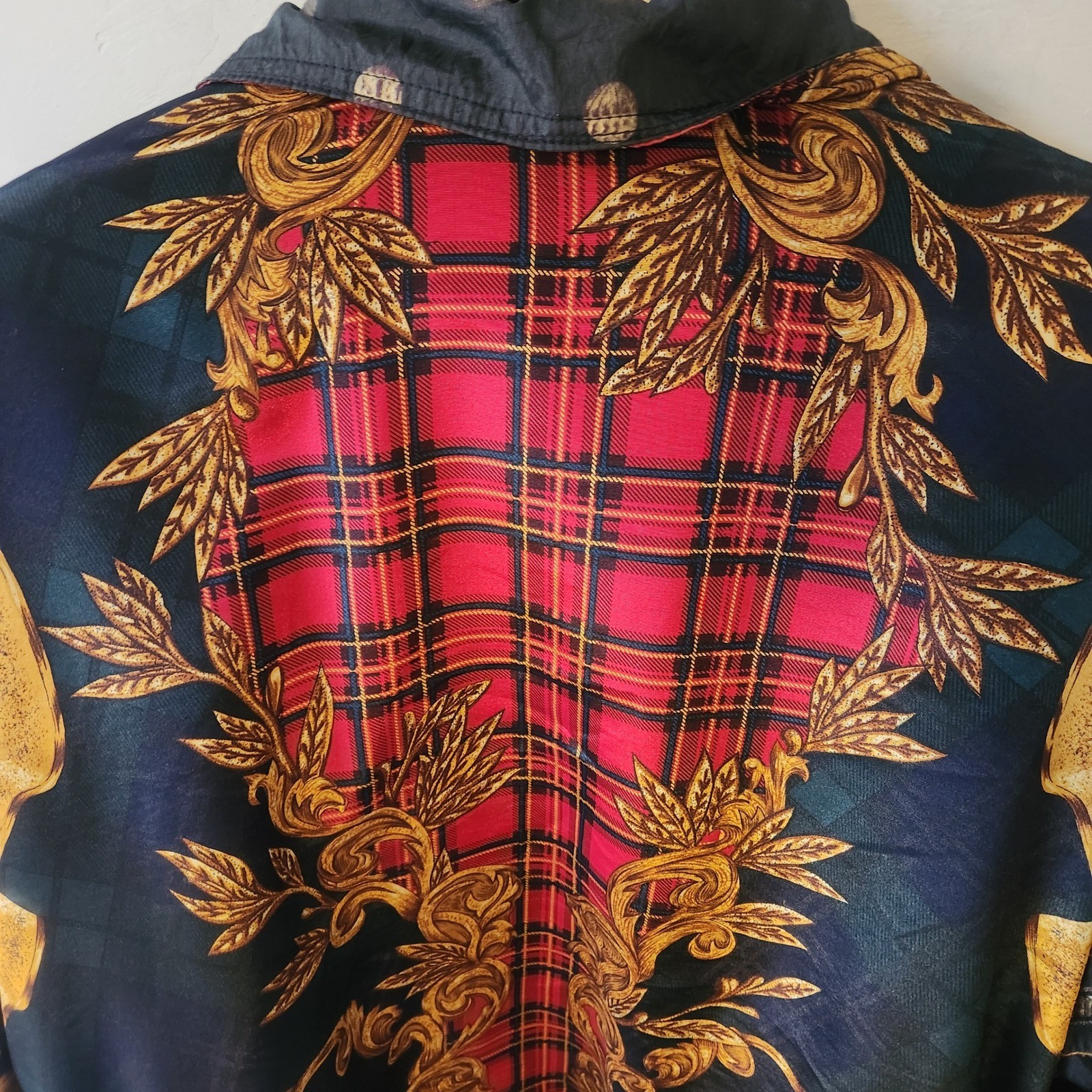 Vintage Giacca Sport Jacket Medium Black Gold Plaid Baroque Puffer Zip Up Plaid