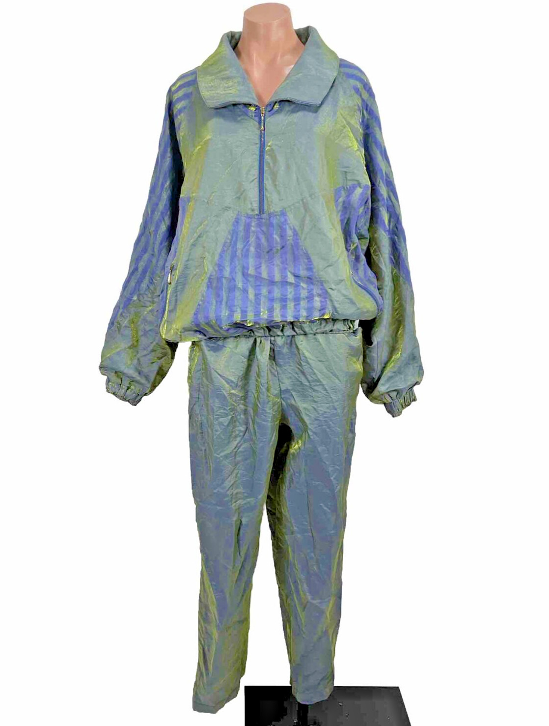 80s 90s Shiny iridescent Purple Green Tracksuit Jacket Pants Vintage L Striped