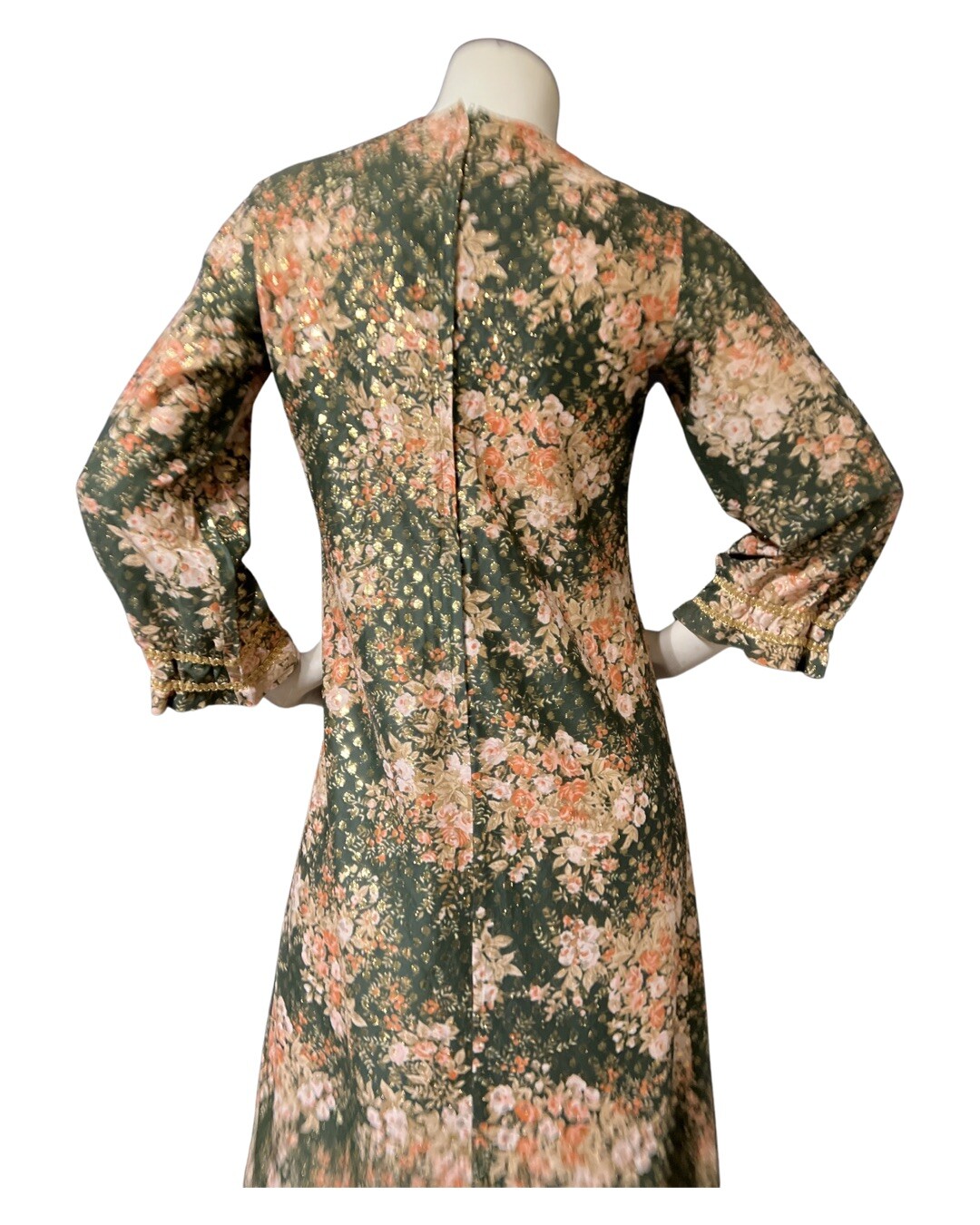 60s Vintage Green Gold Metallic Lame Floral Bouquet Caftan Dress S/M MAXI