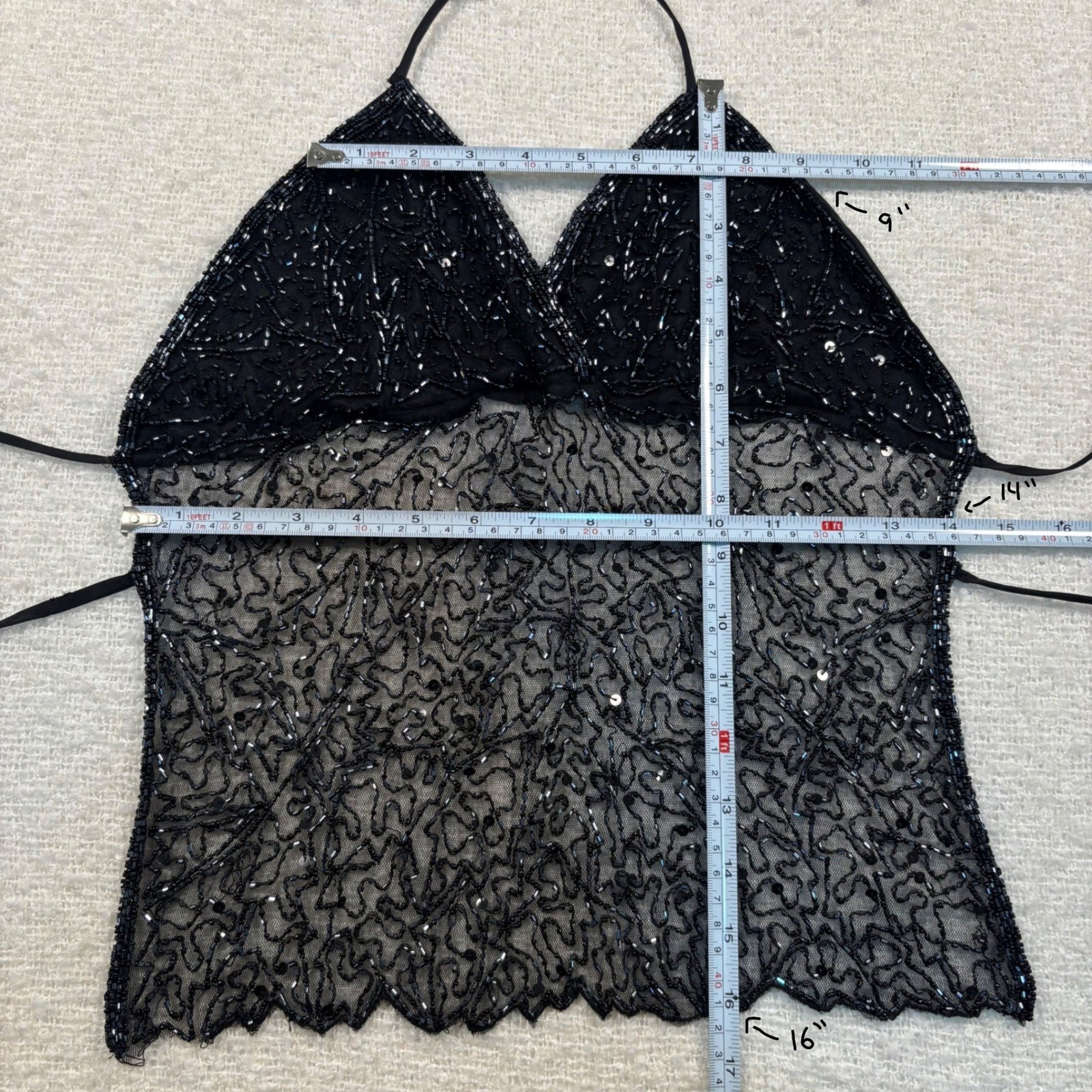 vintage late 90s passport Y2K black beaded sequin mesh top strap coquette goth