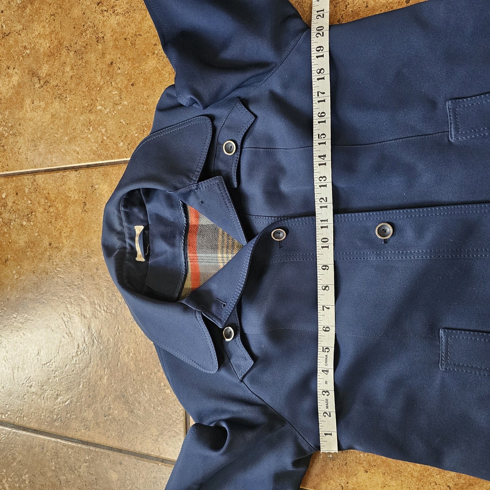 Vintage 70s Trench Coat Plaid Liner Dark Blue Mod Woven Polyester Jacket Classic