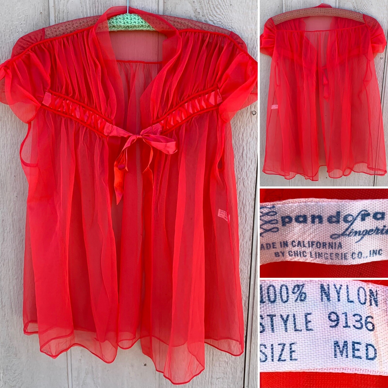 vintage Padora Lingerie made in California sheer nylon bed jacket lingerie top M