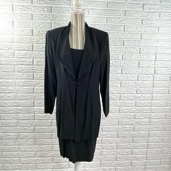 Vintage John Roberts Black Jacket Dress Satin Trim Size 14