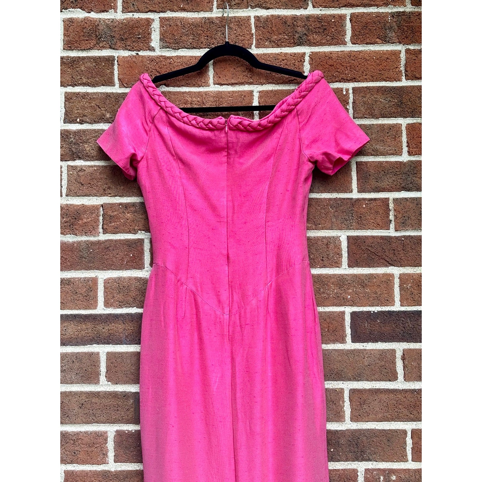 Vintage 1990s Watters Hot Pink Evening Gown Braided Neckline Midi Dress AS IS
