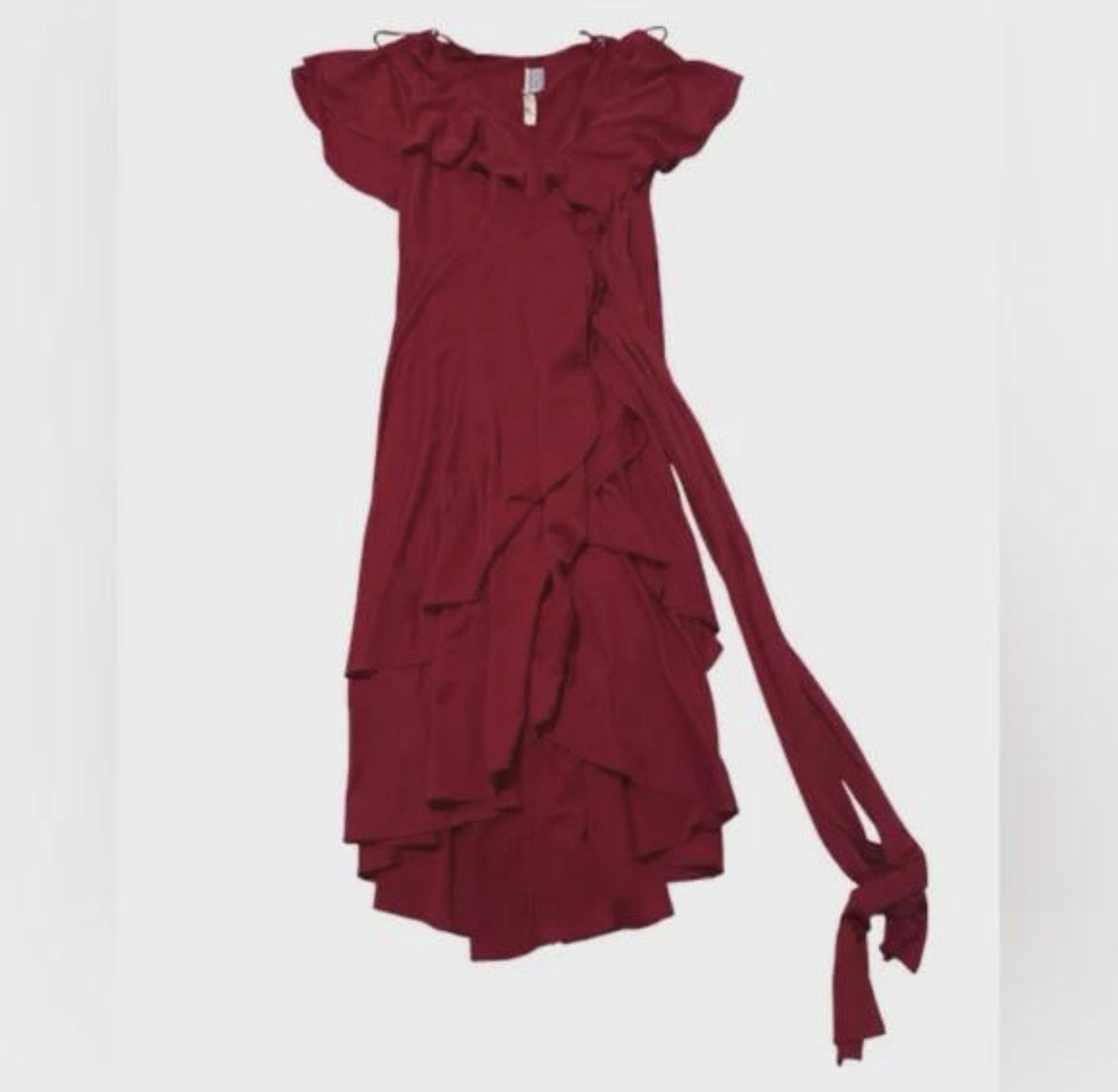 Vtg 1970s Samuel Blue Ruffle Wrap Dress Crimson Red Flutter Sleeve ILGWU USA