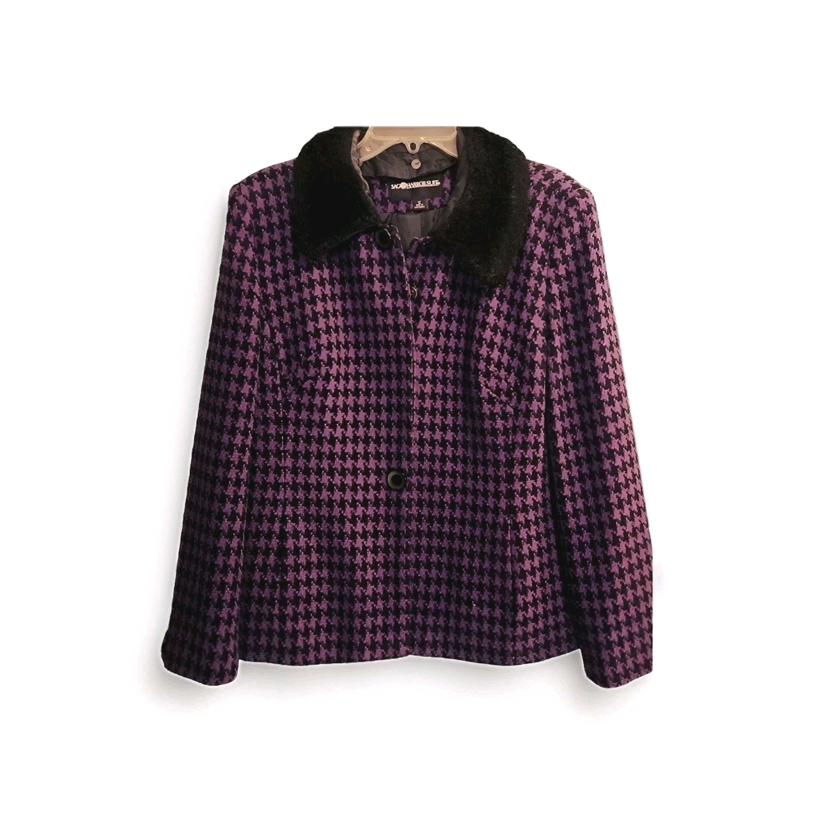 Vintage Ladies Sag Harbor Coat Purple Black Plaid Fur Color Wool Button-Up Coat