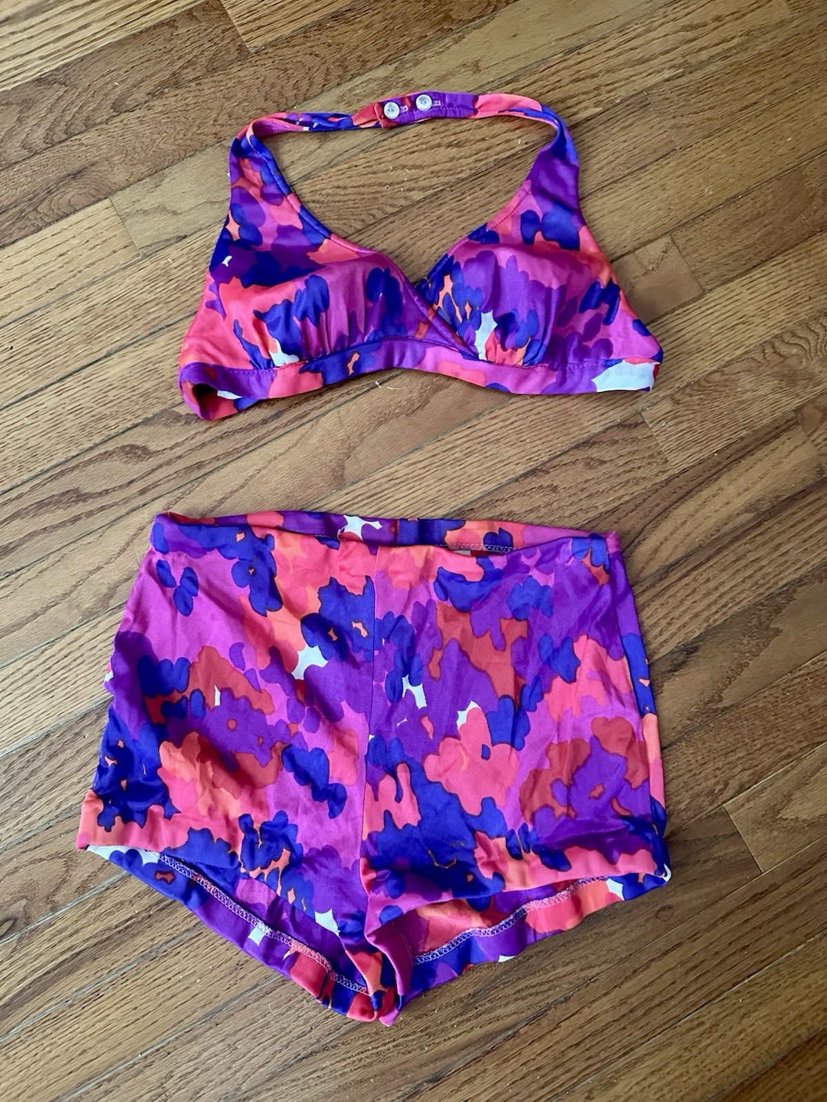 Vintage 70s Neon Hot Pink Purple Boy Shorts Bikini Swimsuit Bathing Suit 2 Piece