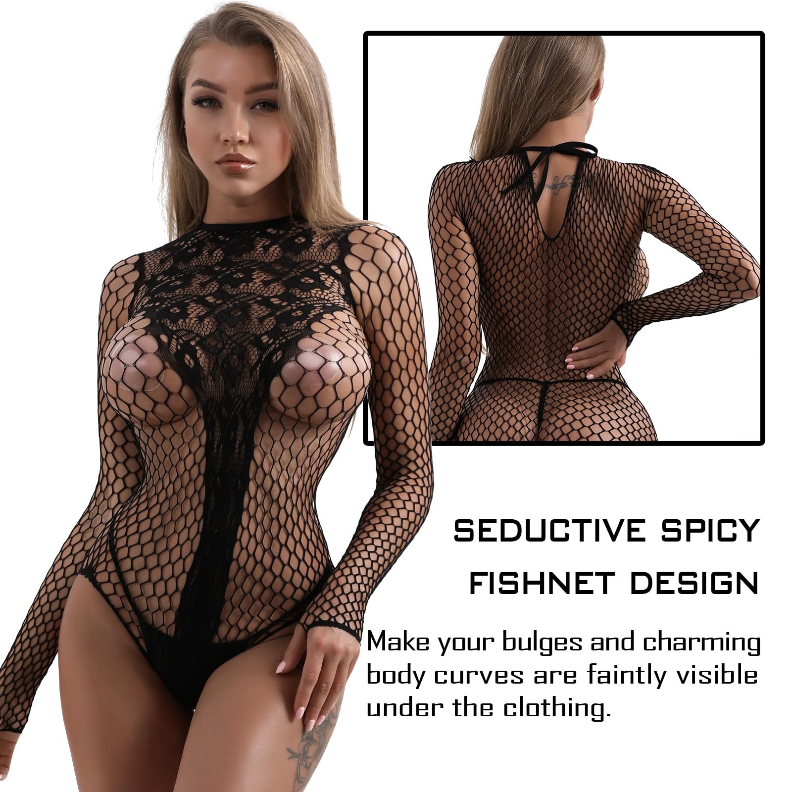 Famstar Sexy Lingerie for Women Naughty Fishnet One Size, Black Bodysuit09