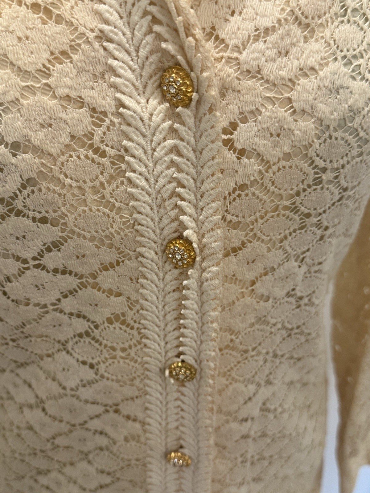 1960’s Evening Gown Coat Dress Cream Lace W/ Lining Gold Buttons Long Sleeve USA