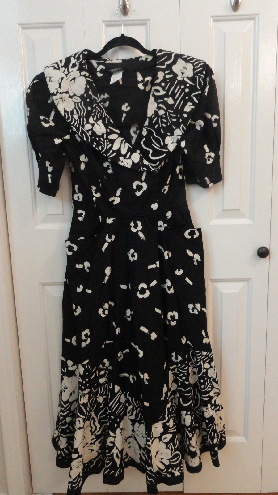 Vtg Choon Maxi Dress Sz 10 Black White Fit Flare Pockets Full Swirly Skirt USA