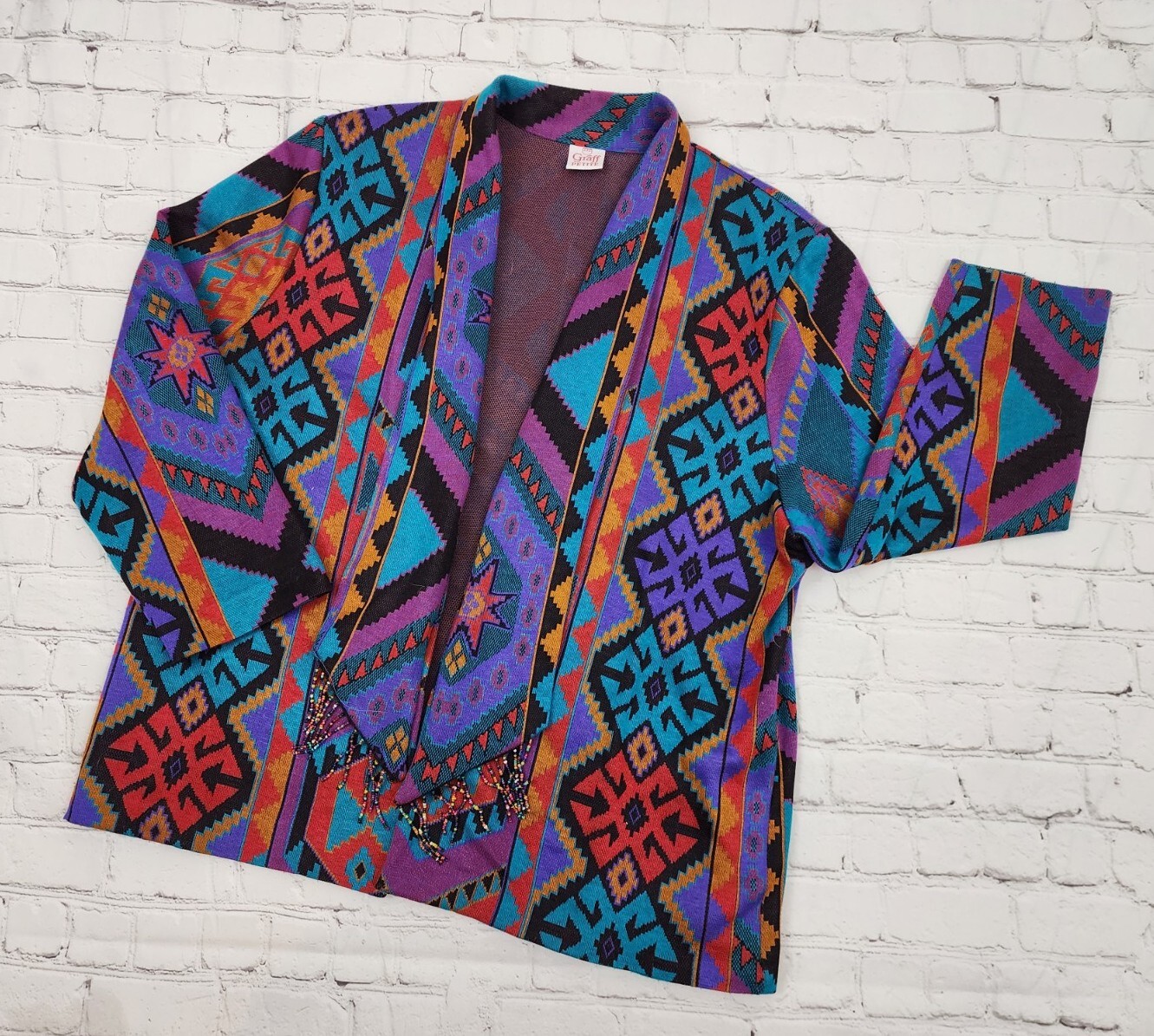 Vintage Graff California Wear Aztec Tribal Open Front Beaded Fringe Cardigan