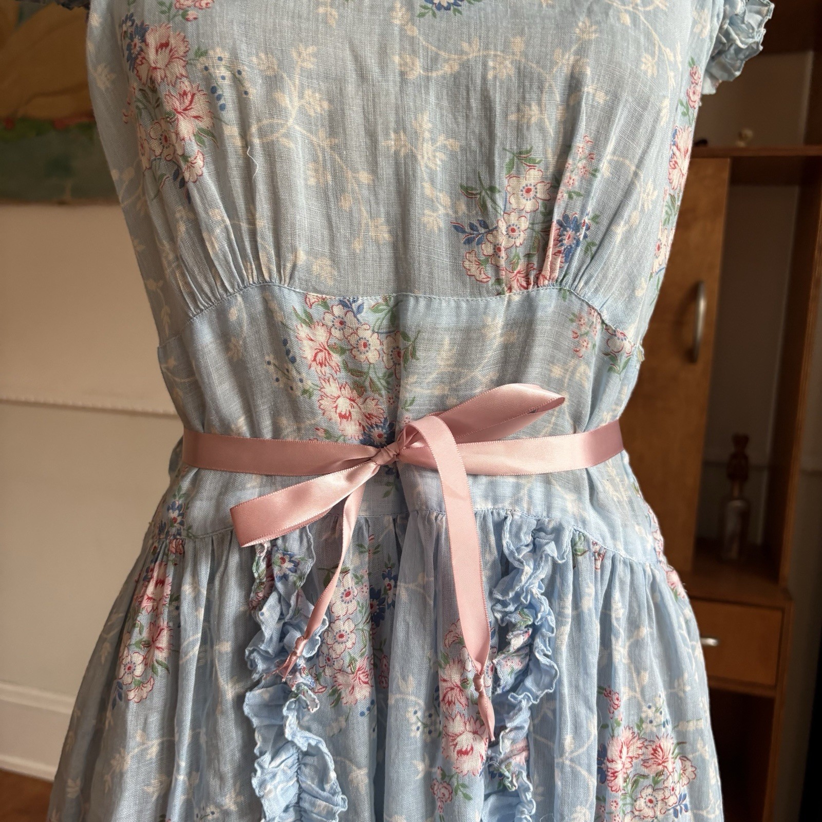 Vintage 1940s Blue Floral Cotton Voile Fabric Dress Ruffle Trim Summer
