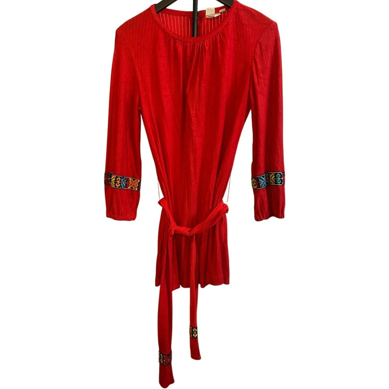 VTG Beeline Red Ribbed Knit Mini Dress 60s 70s Mod Embroidered Cuffs 14 Large