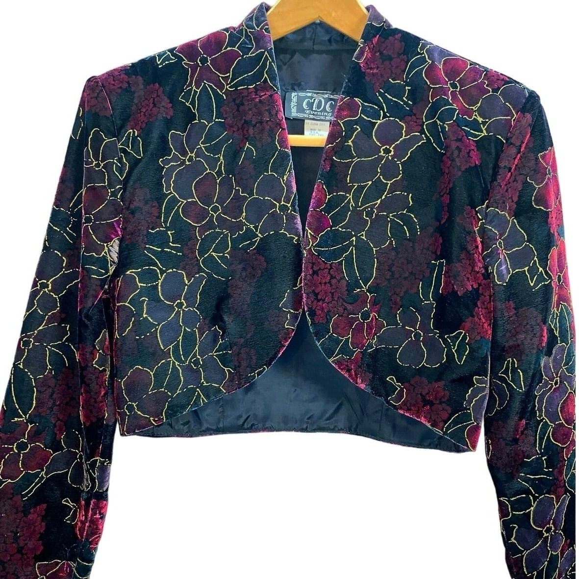 Vintage Velvet Floral CDC Evening Bolero Jacket Womens M 90s Party Cropped