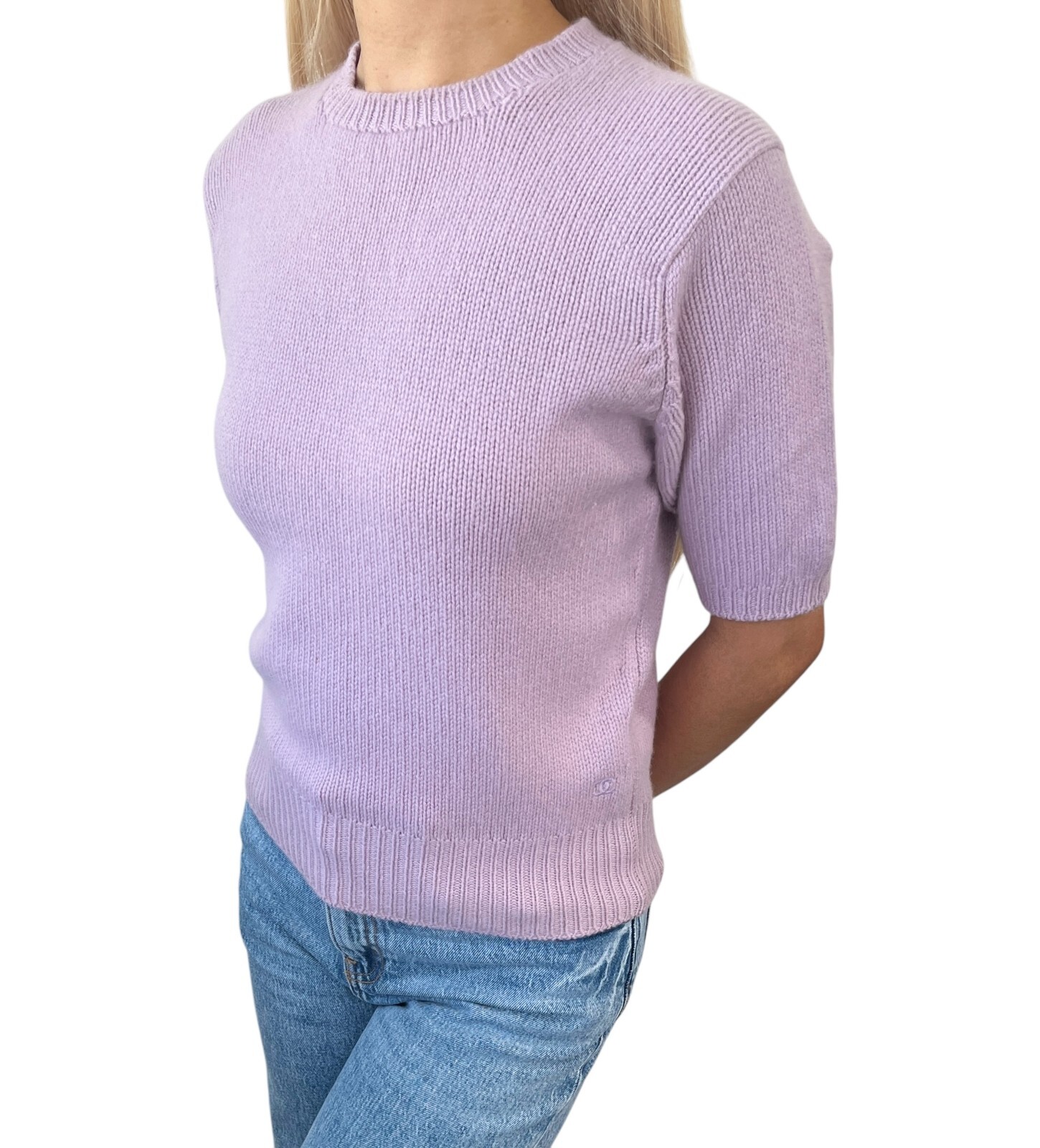 CHANEL Vintage CC Mark Logo Knit Sweater Top Short Sleeve Cashmere Purple