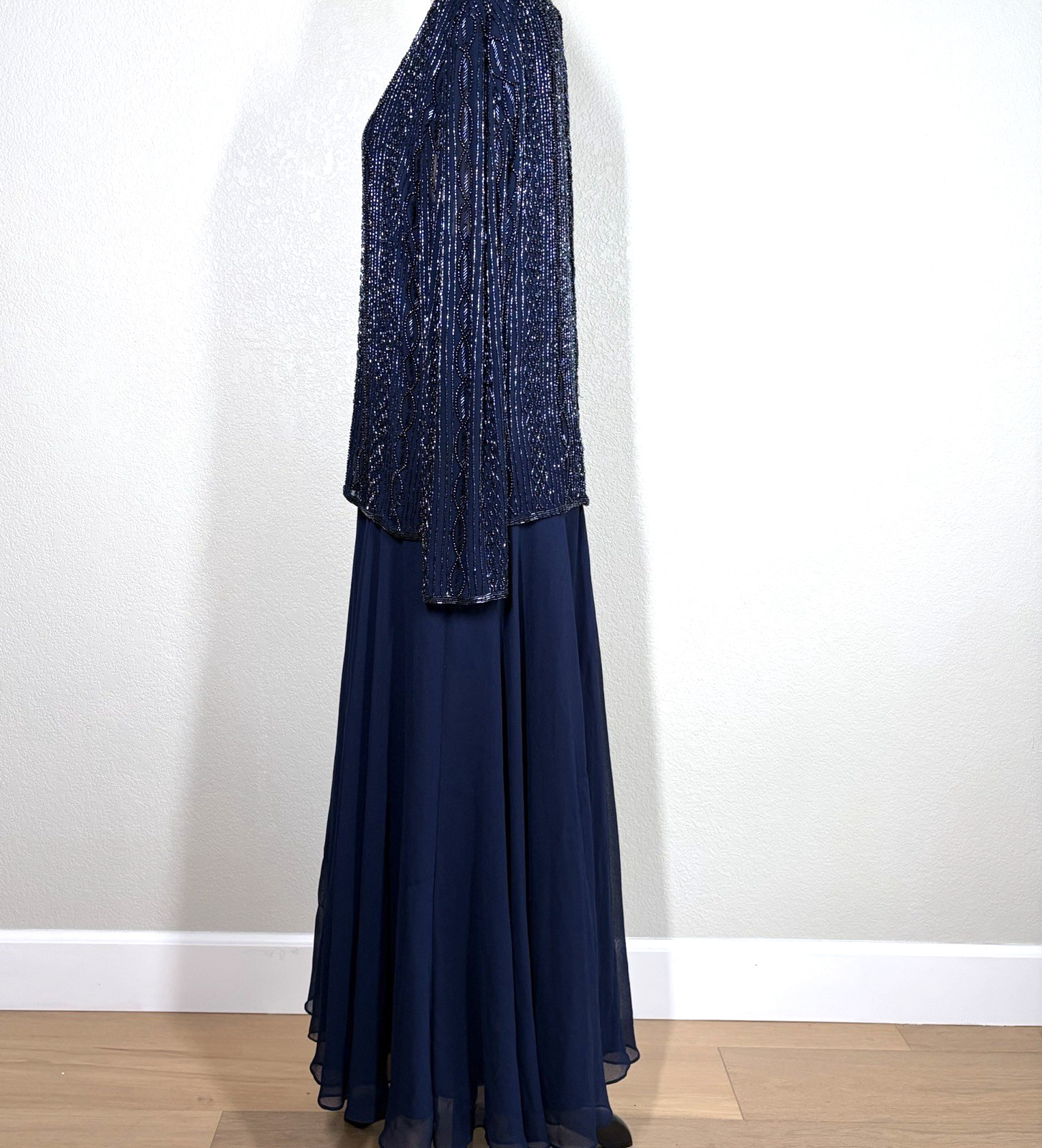 Vintage Brilliante by J.A. Navy Blue Beaded Gown Long Sleeve India MOB Large