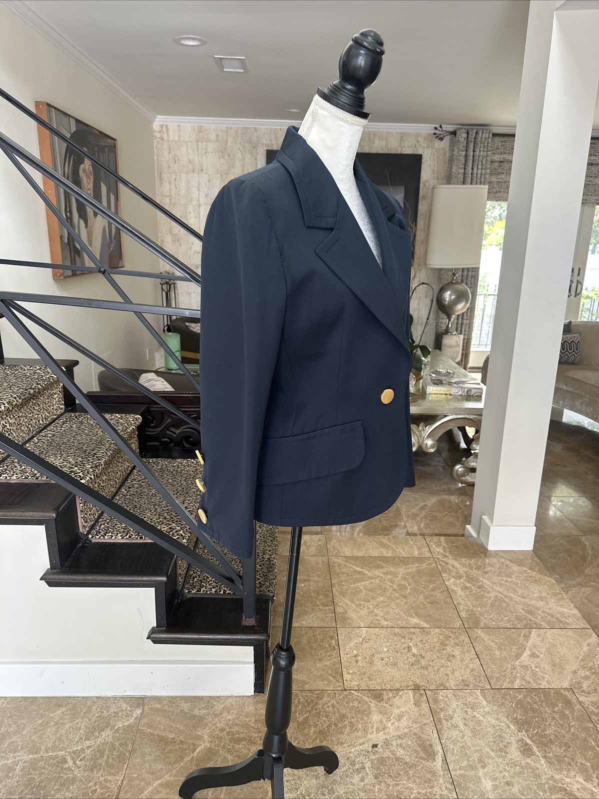 Givenchy Nouvelle 80s Navy Wool Cropped Fitted Blazer Gold Buttons All Over! 38