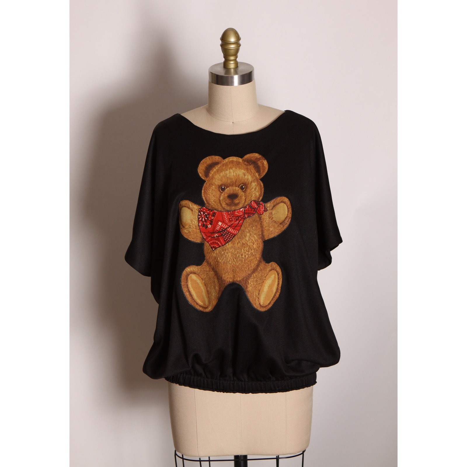 1970s Black Brown Red Short Sleeved Draped Western Bandana Teddy Bear Blouse