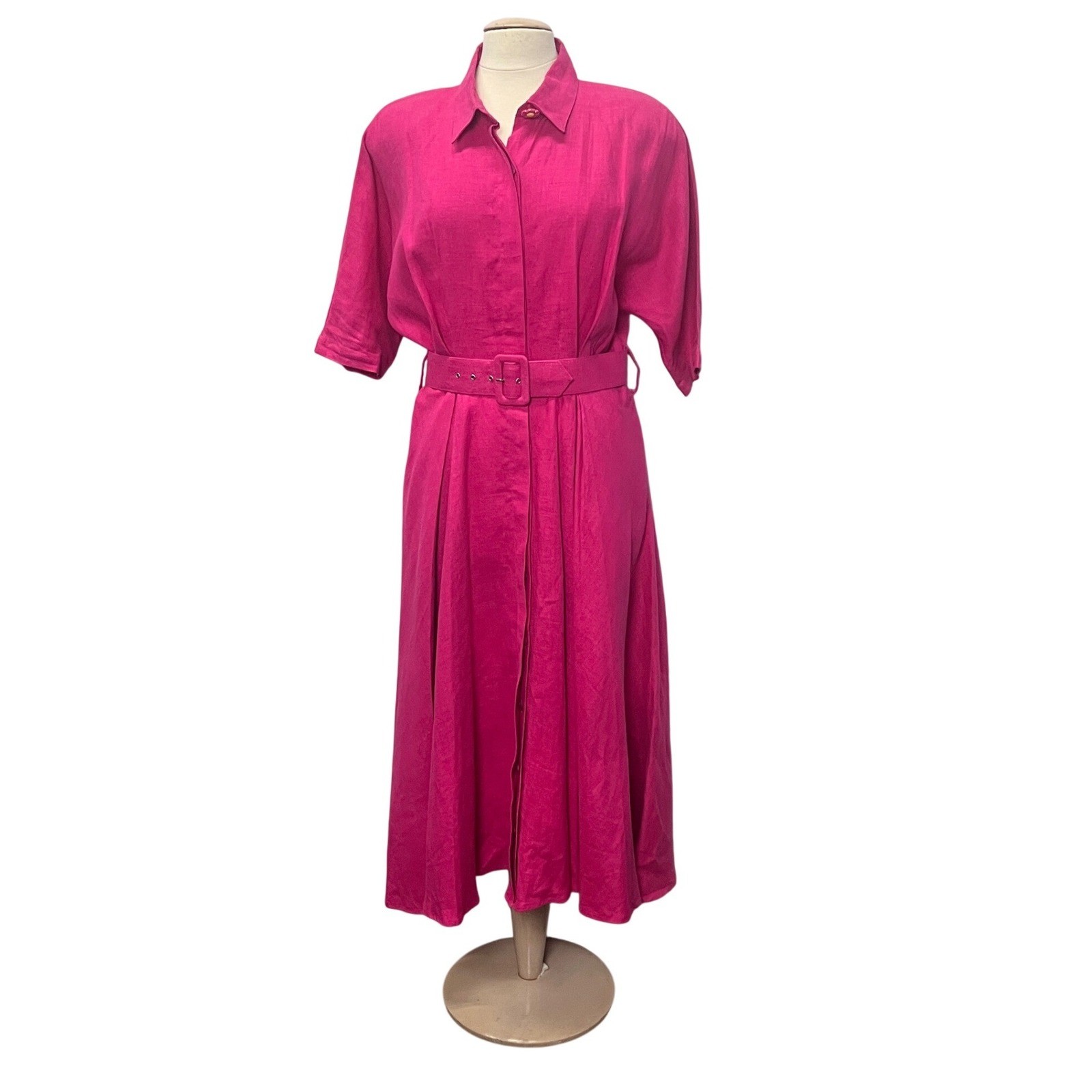 Carole Little Vintage Fuchsia Pink 100% Linen Belt Midi Shirt Dress 8 Circle 90s
