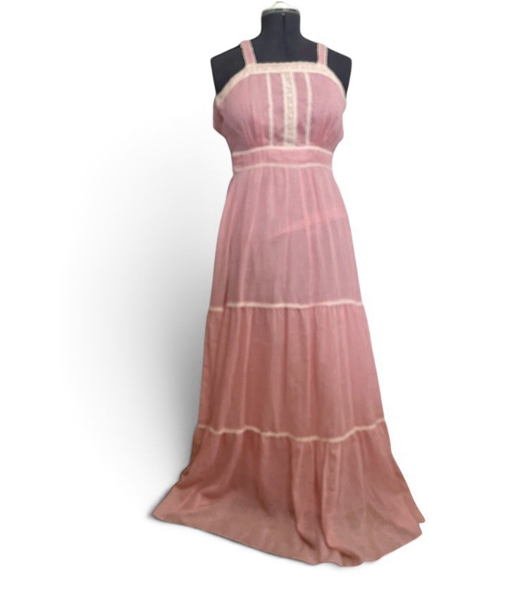Vintage 70s Candi Jones Pink Prairie Maxi Dress Small Boho Cottagecore Lace