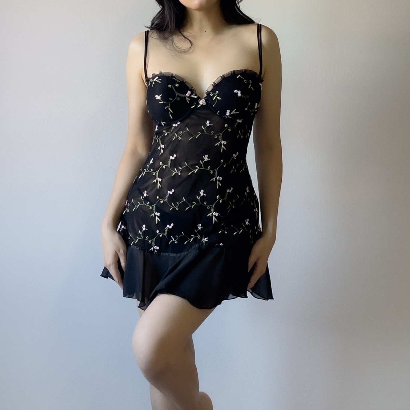Romantic Y2K Black Floral Embroidered Semi-Sheer Mesh Slip Dress (M–L)