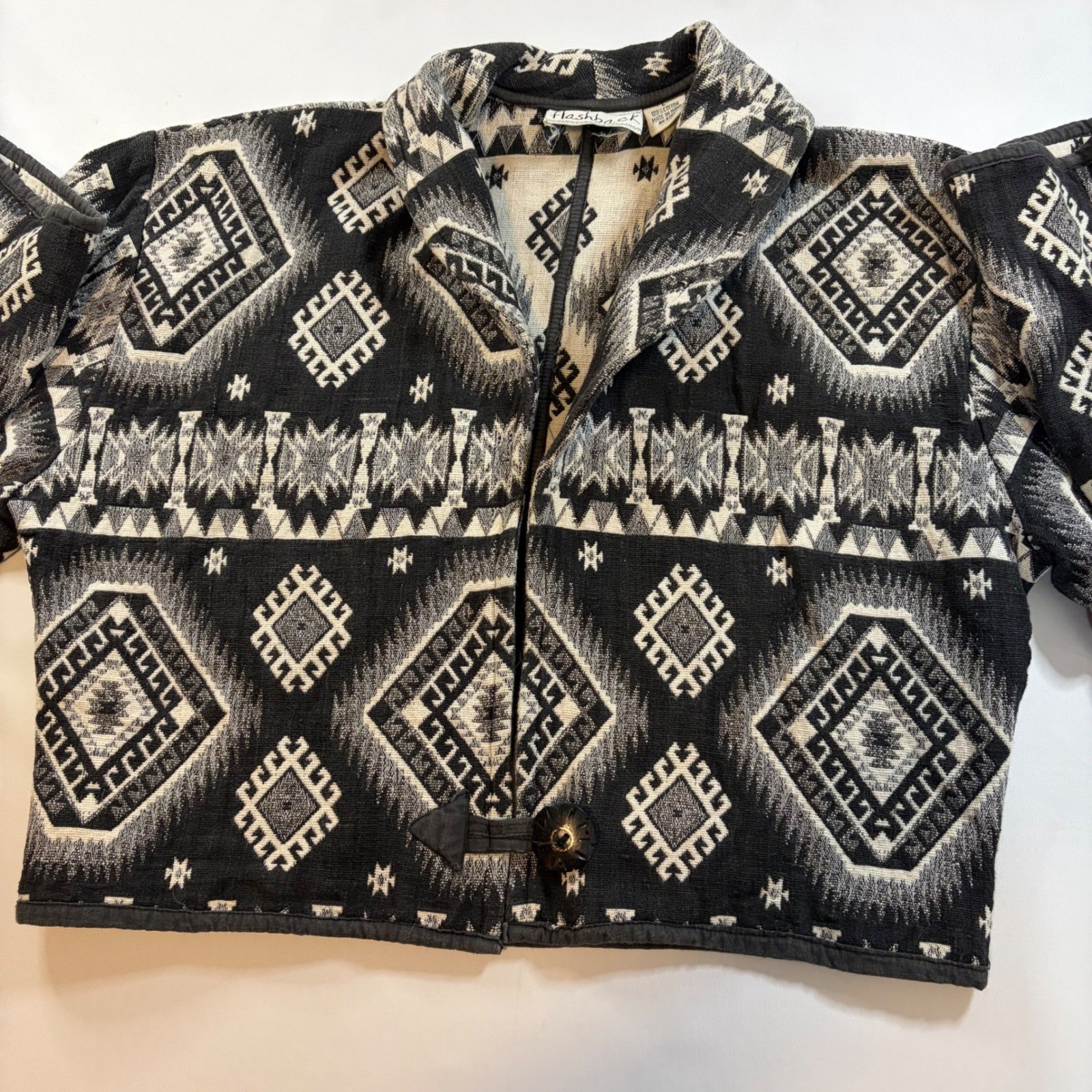 Flashback Vintage Southwestern Cropped Jacket Black White Woven Cotton Large