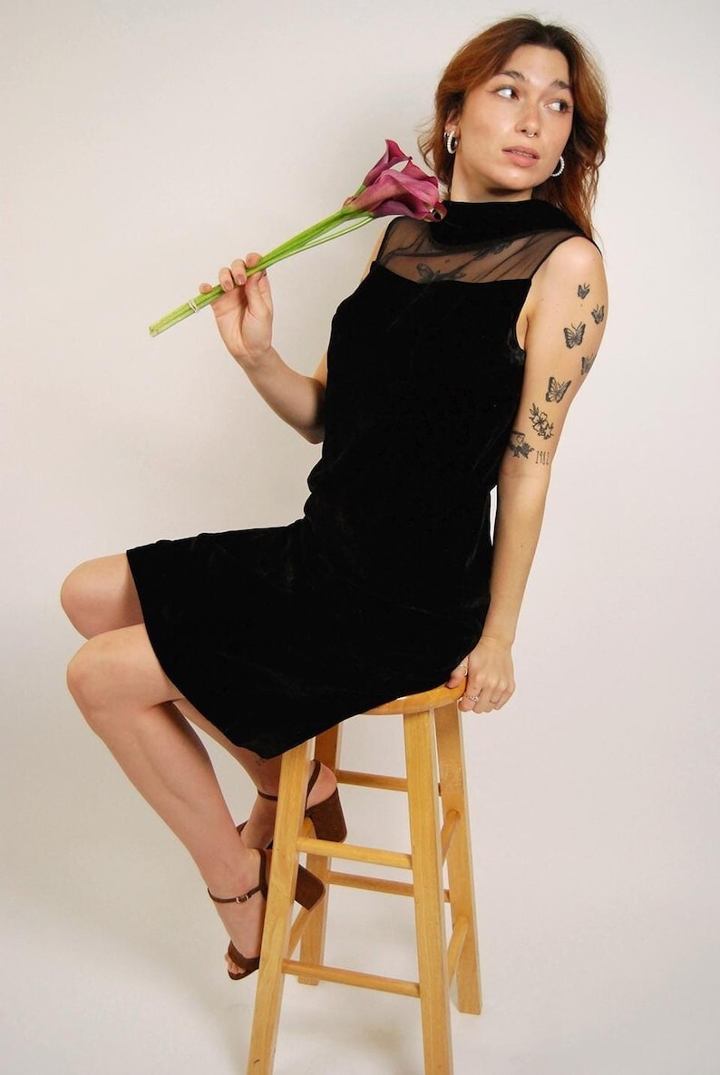 50s Velvet Dress (M) black mesh evening medium sheer cocktail basic minimalist