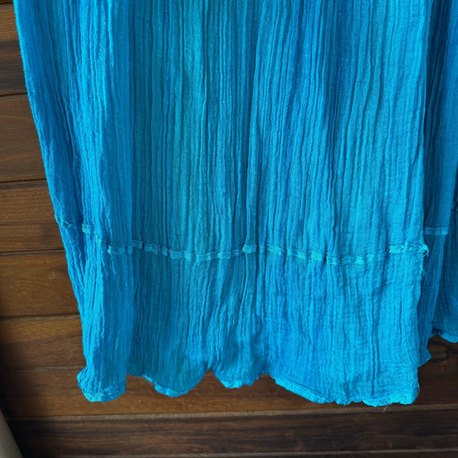 VTG 1970s Oaxaca Boho Hippie Turquoise Blue Cotton Gauze Flowy Dress Size S/M