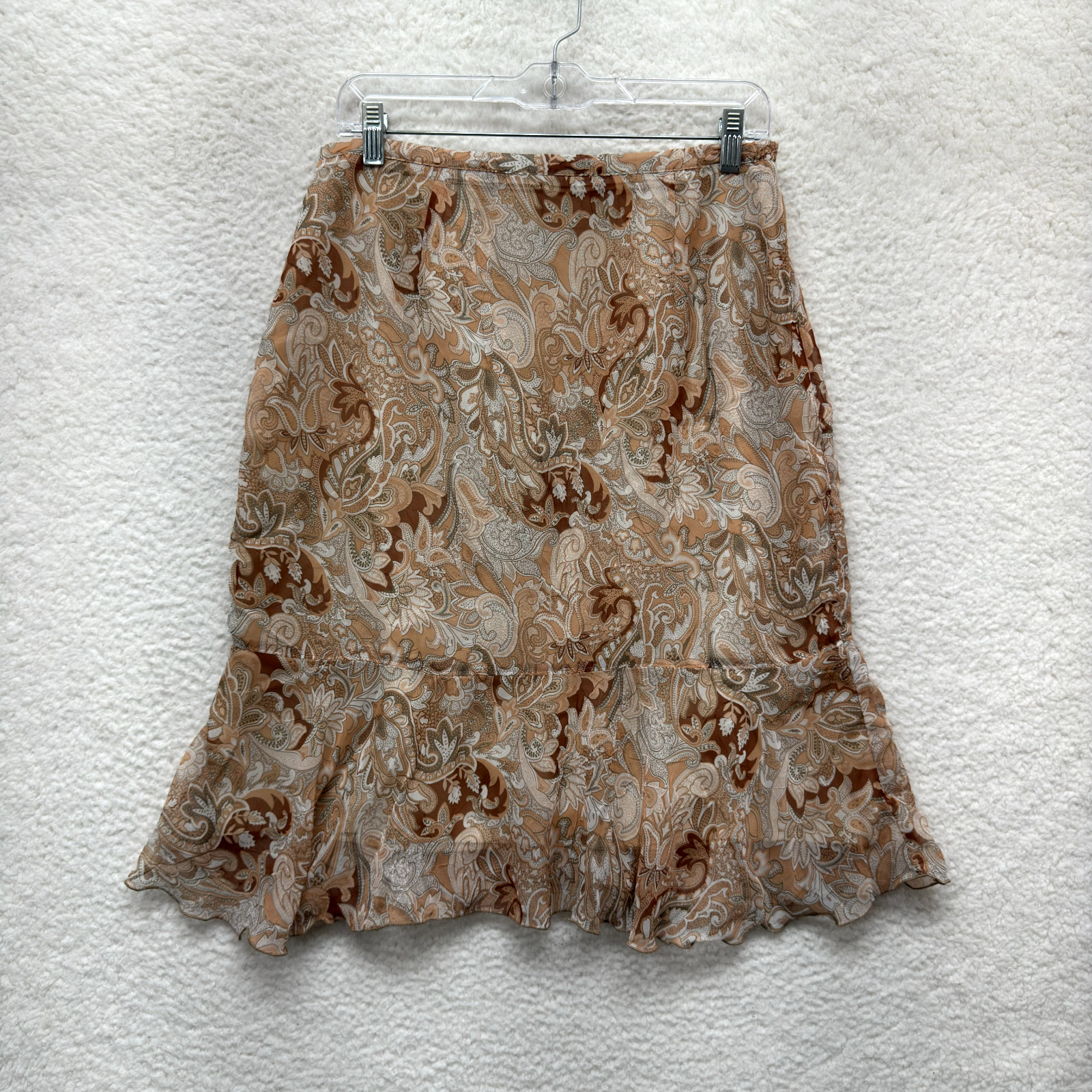 90s Y2K Vintage Mesh Midi Skirt Large 10 Tan Beige Paisley Boho Fairy Grunge