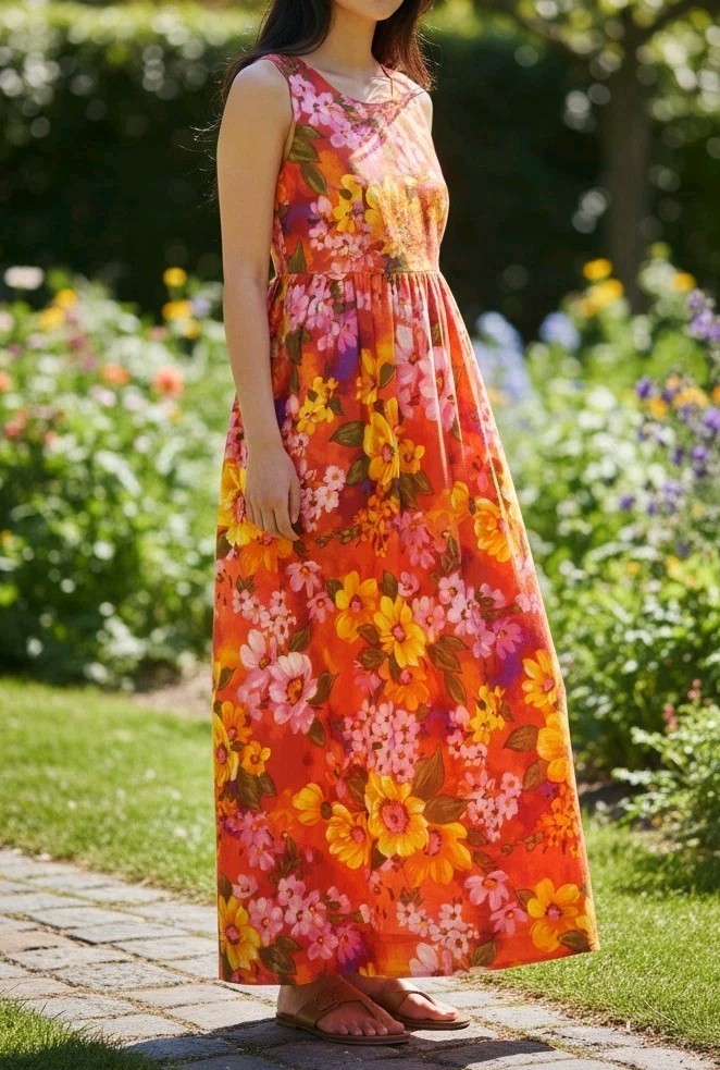 Vintage Waltah Clarkes Hawaiian Maxi Dress Womens 12 Tropical Floral Sleeveless