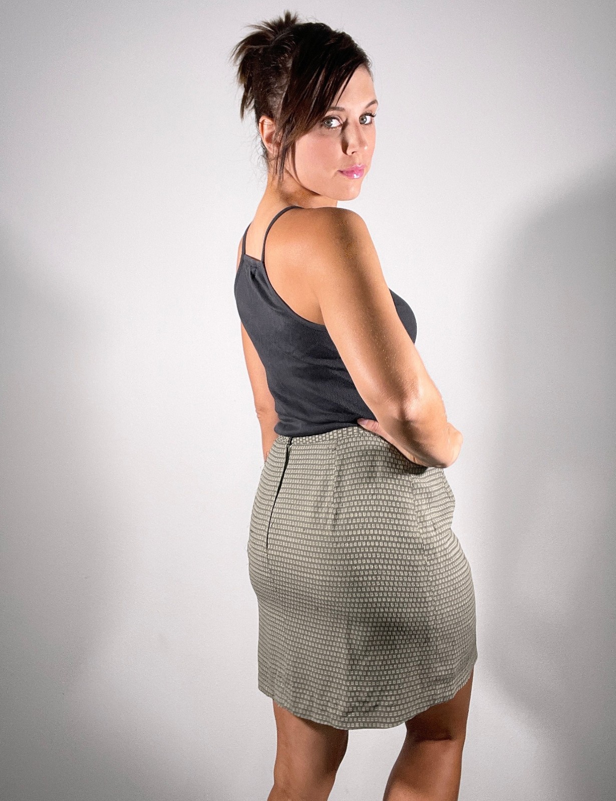 Vintage 90s Silky Mini Skirt M Gray Beige Woven Pattern High Waisted Pencil