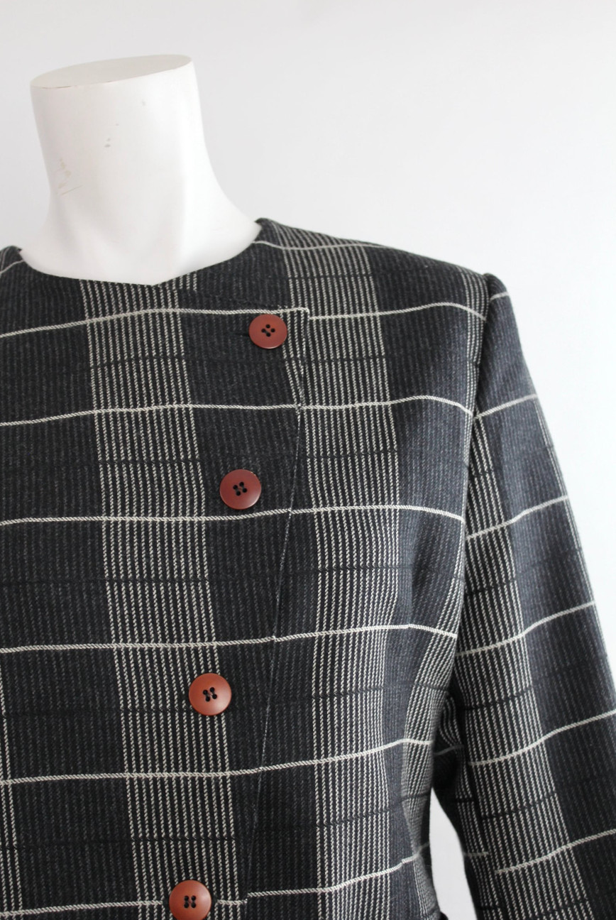 Vtg 80s Marimekko Grid Gray Wool Blazer Jacket Coat Checked Striped Retro 34 Eu